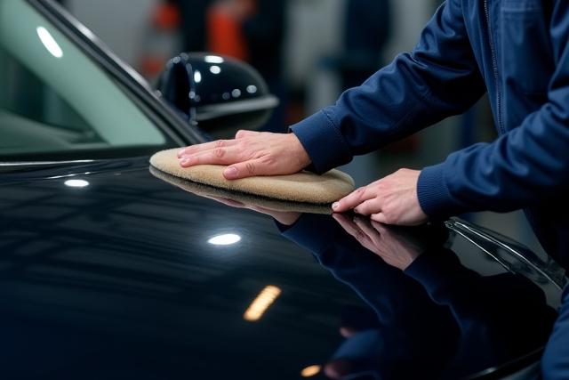 A Basil Brush team member meticulously polishing the hood of a dark car, reflecting light beautifully.